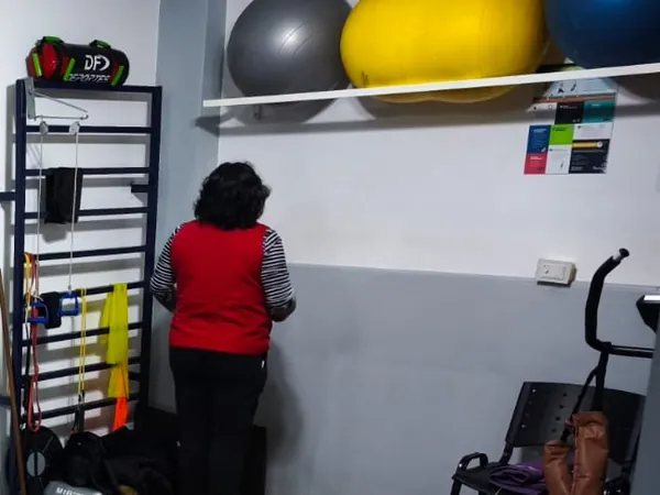 Espaldera con bandas elásticas y estante con pelotas de ejercicio en el gimnasio.