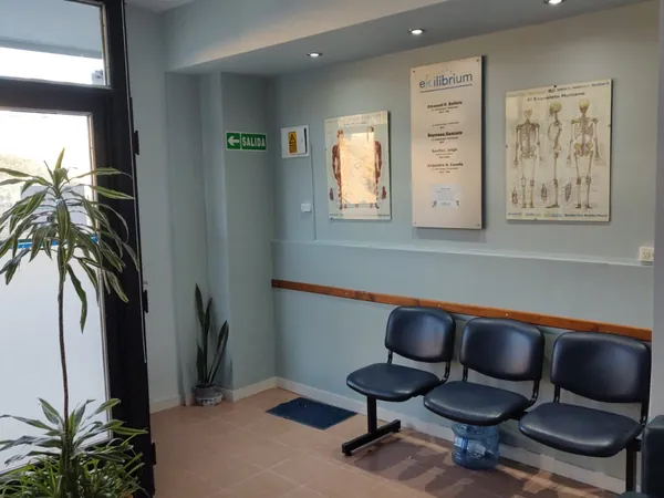 Sala de espera con sillas, una planta y láminas de anatomía en la pared.