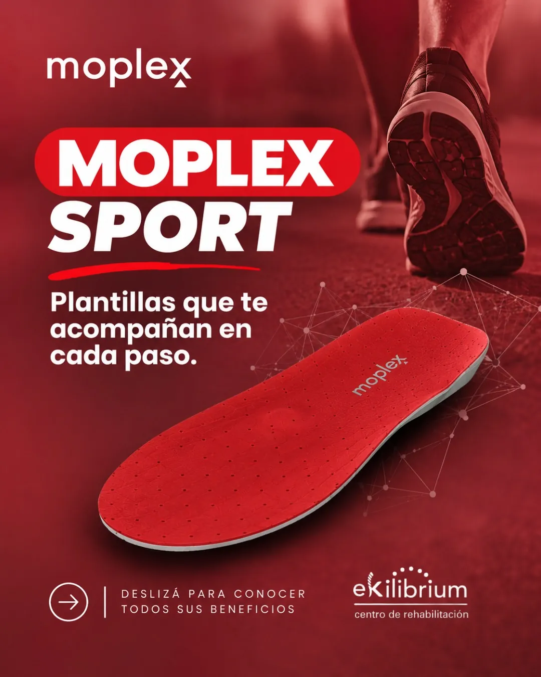 Afiche de las plantillas Moplex Sport: una plantilla roja junto a la frase «Plantillas que te acompañan en cada paso».